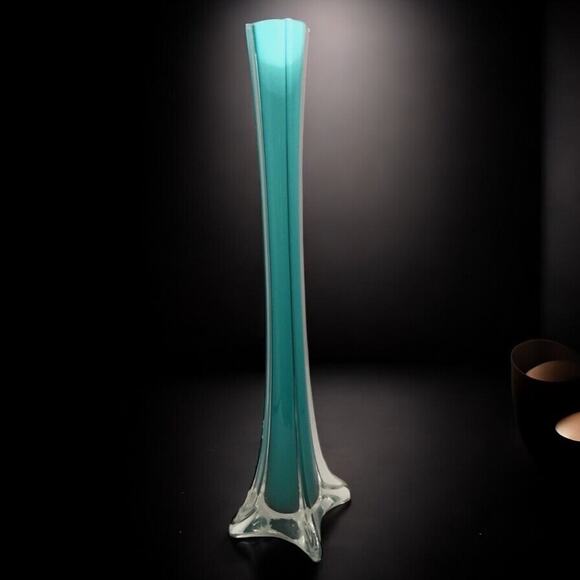 Vintage Soliflore Hand Blown Glass Vase-Light Turquoise 4-Sided Thin Square- MCM - Picture 2 of 12